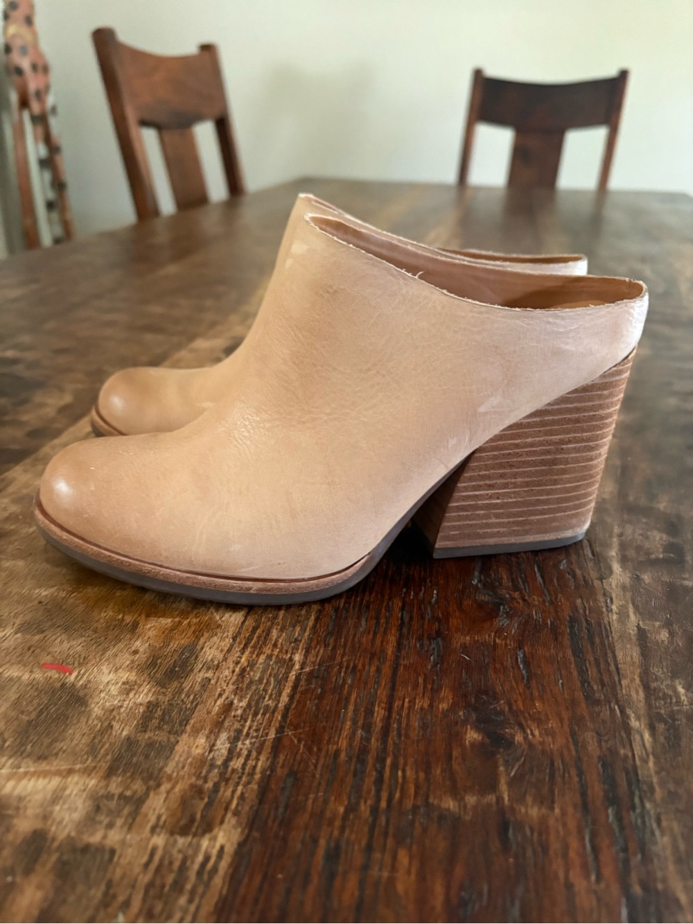 Kork-Ease Beige Leather Block Heel Mules